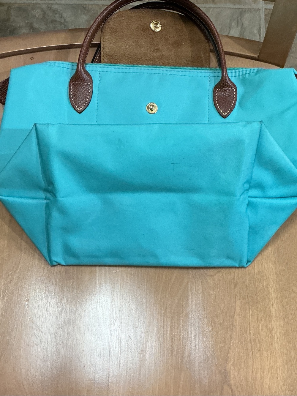 Longchamp Turquoise Nylon Le Pliage Tote with Brown Leather Trim - Picture 14 of 14